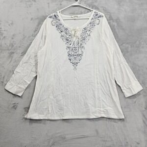 Tantrums Top Womens XL White Embroidered Sequin Tunic 3/4 Sleeve Boho Tie Neck